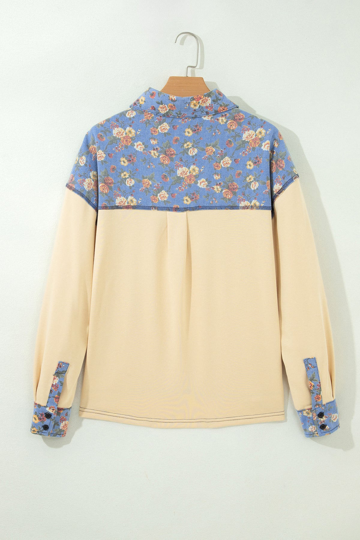Apricot Floral Denim Patchwork Collar V Neck Top