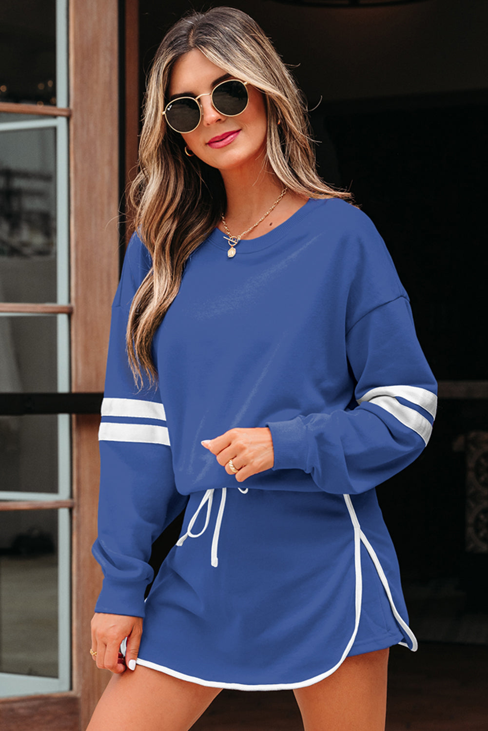 Women's Tillandsia Purple Varsity Stripe Detail Drop Shoulder Pullover Mini Skort Two-Piece Set