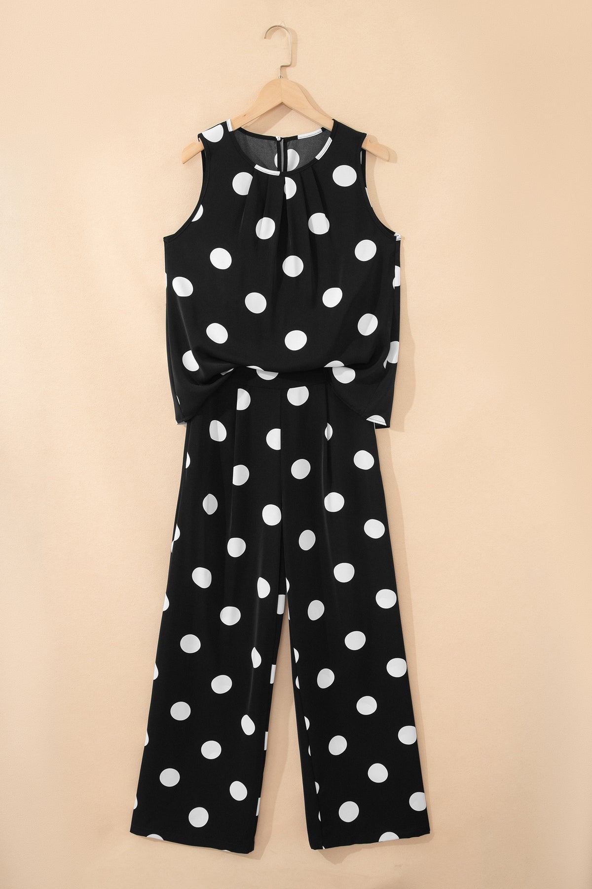 Women's Black Polka Dot Print Pleated Round Neck Tank Casual Wide-Leg Two-Piece Outfit