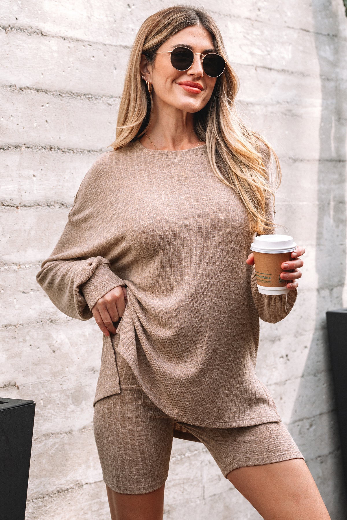 Women's Dark Khaki Ribbed Balloon Sleeve Pullover Top & Biker Knitted Shorts Two-Piece Set
