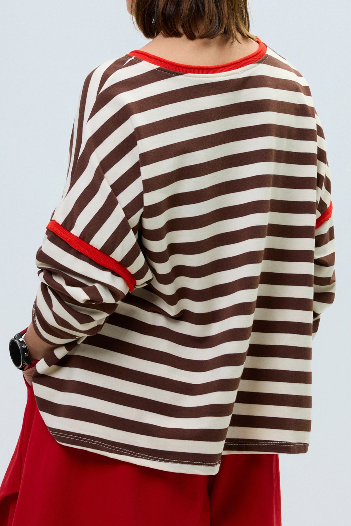 Brown Stripe Contrast Trim Round Neck Top