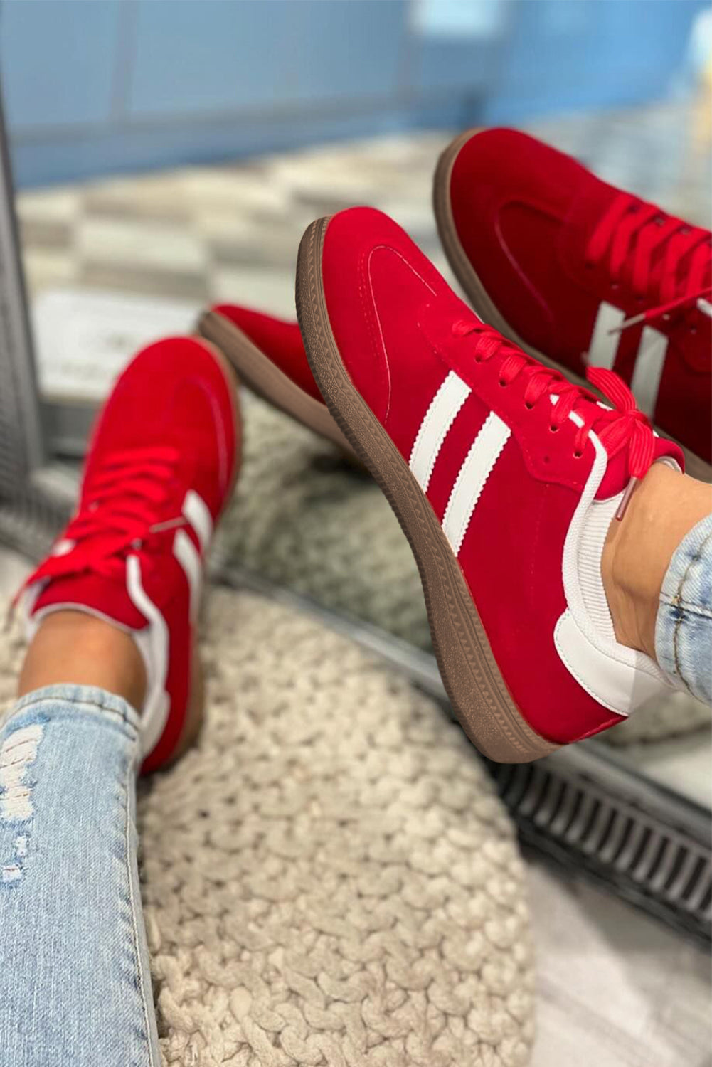 Fiery Red Vintage Striped Patchwork Lace-up Sneakers