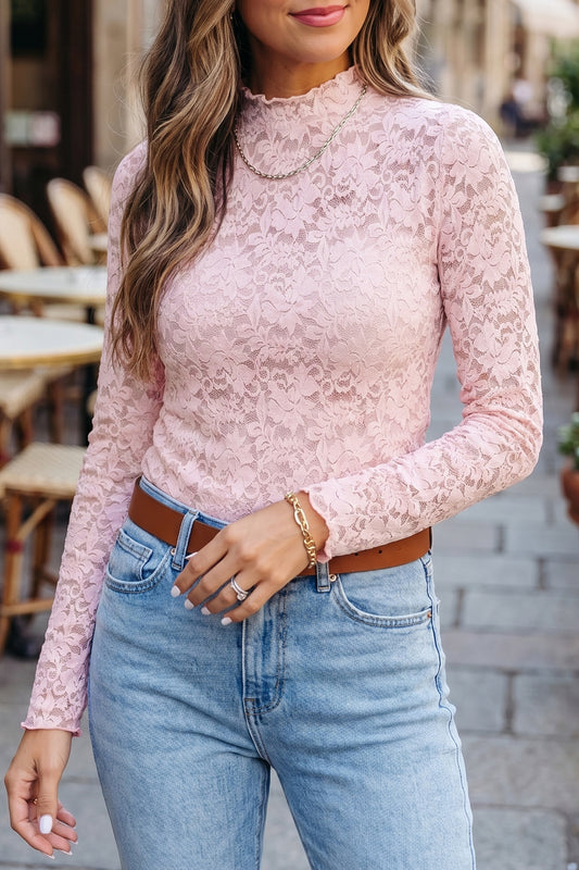 Light Pink Floral Lace Stand Neck Pullover Top