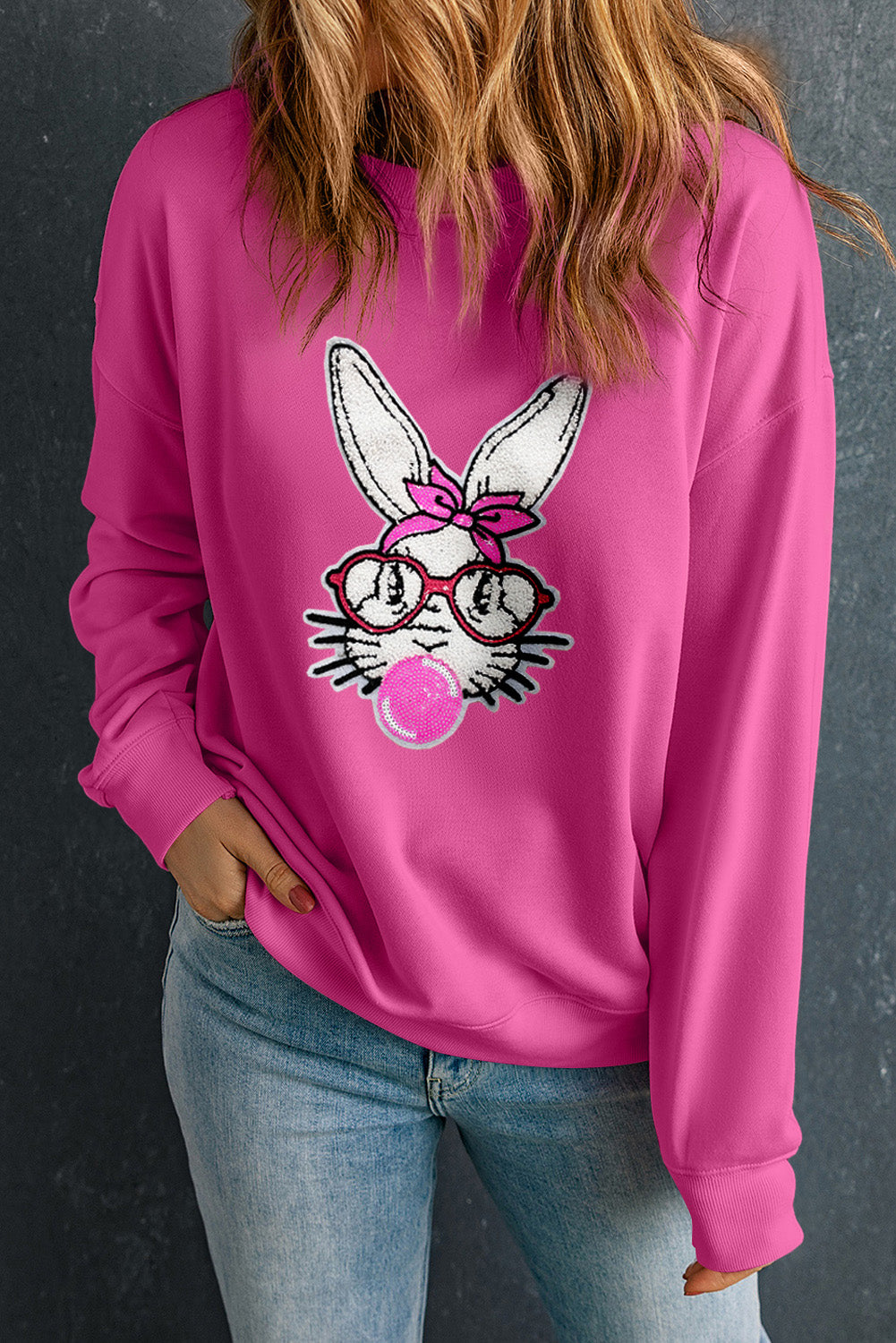 Bonbon Bubble Gum Rabbit Sequin Graphic Drop Shoulder Sweatshirt