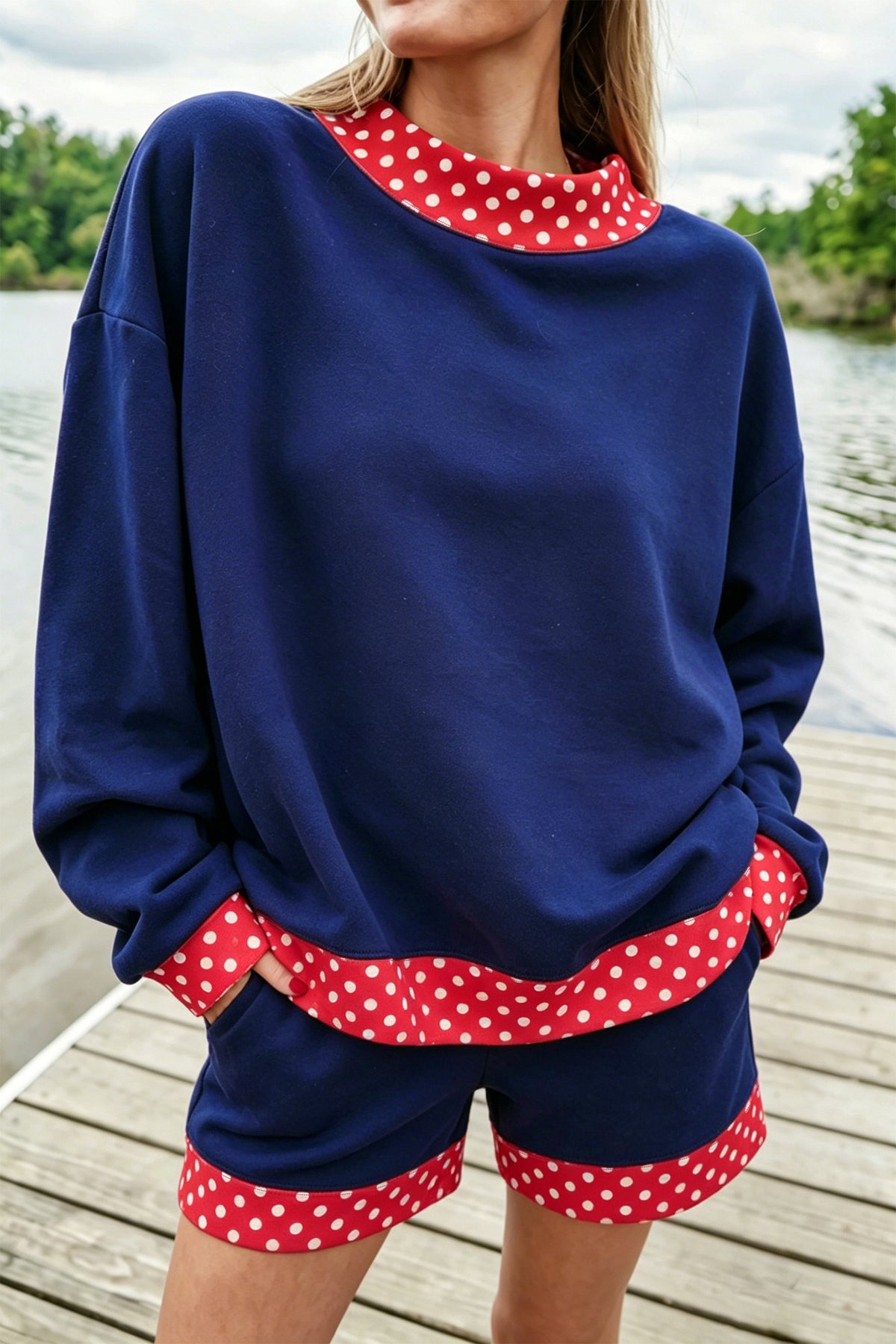 Women's Navy Blue Polka Dot Trim Baggy Pullover Two-Piece Shorts Set