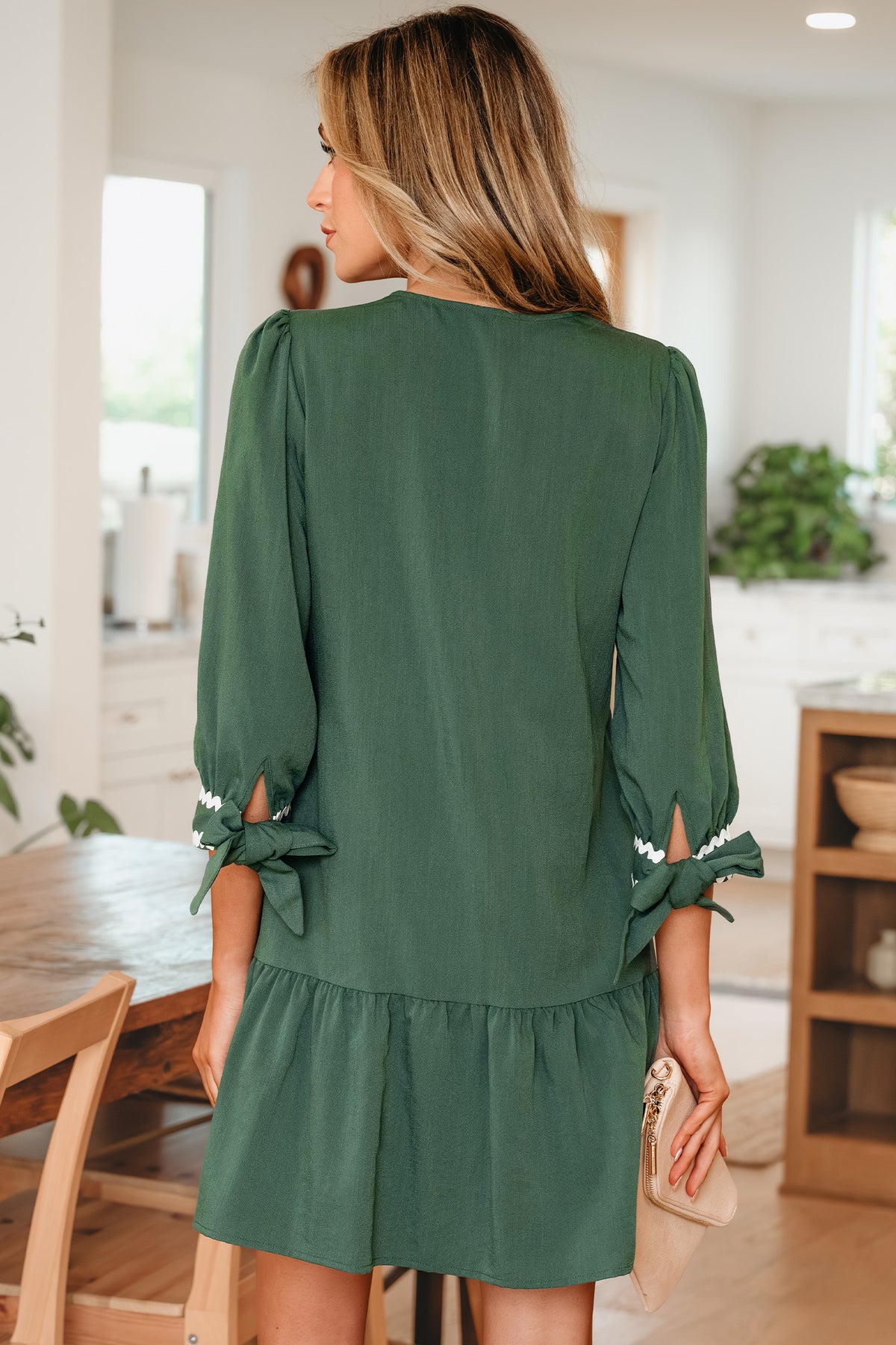 Canton Ricrac Trim Button V Neck Knotted Bracelet Sleeve Shift Dress