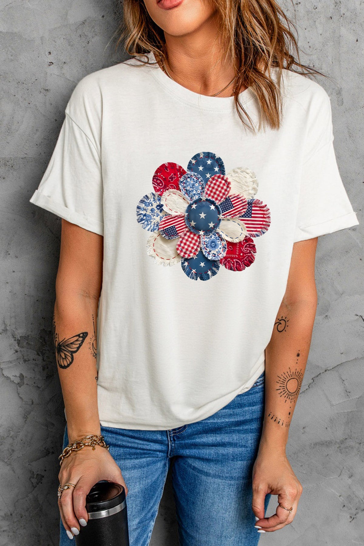 White Faux Patchwork Patriotic Flower Printed T-Shirt