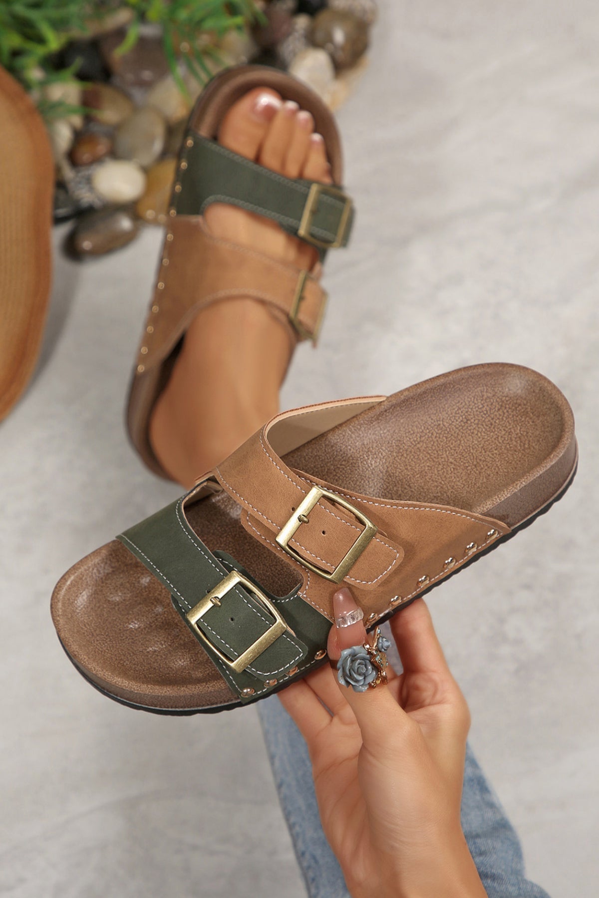 Deep Green Retro Buckle Cutout Straps PU Leather Studded Sandals