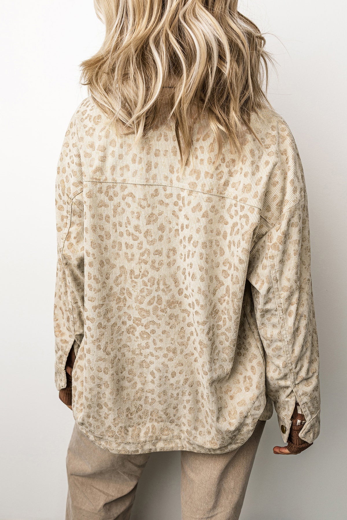 Khaki Leopard Print Corduroy Shirt Collar Long Sleeve Jacket
