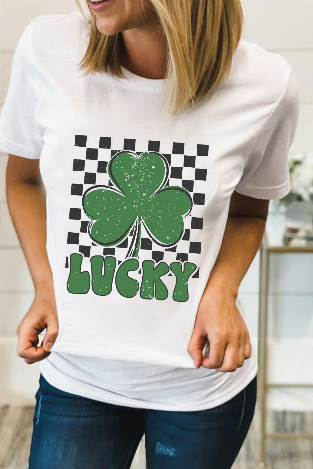 White Checker LUCKY Clover Printed St Patricks T-Shirt