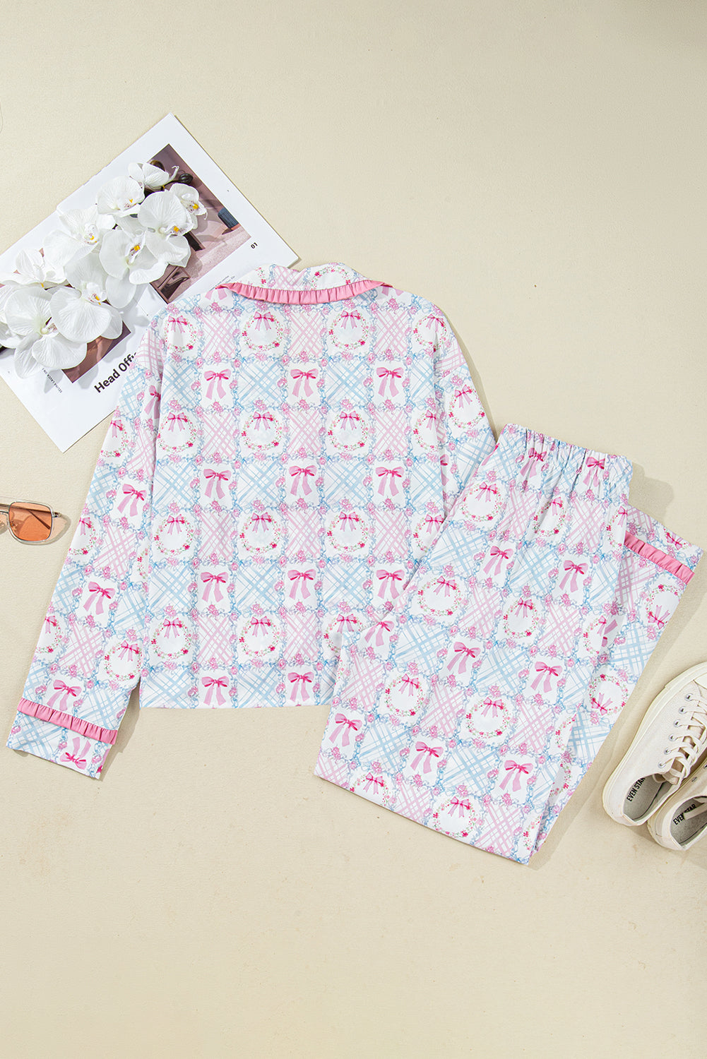 Pink Bow Wreath Christmas Tied Front Long Sleeve Pajama Set