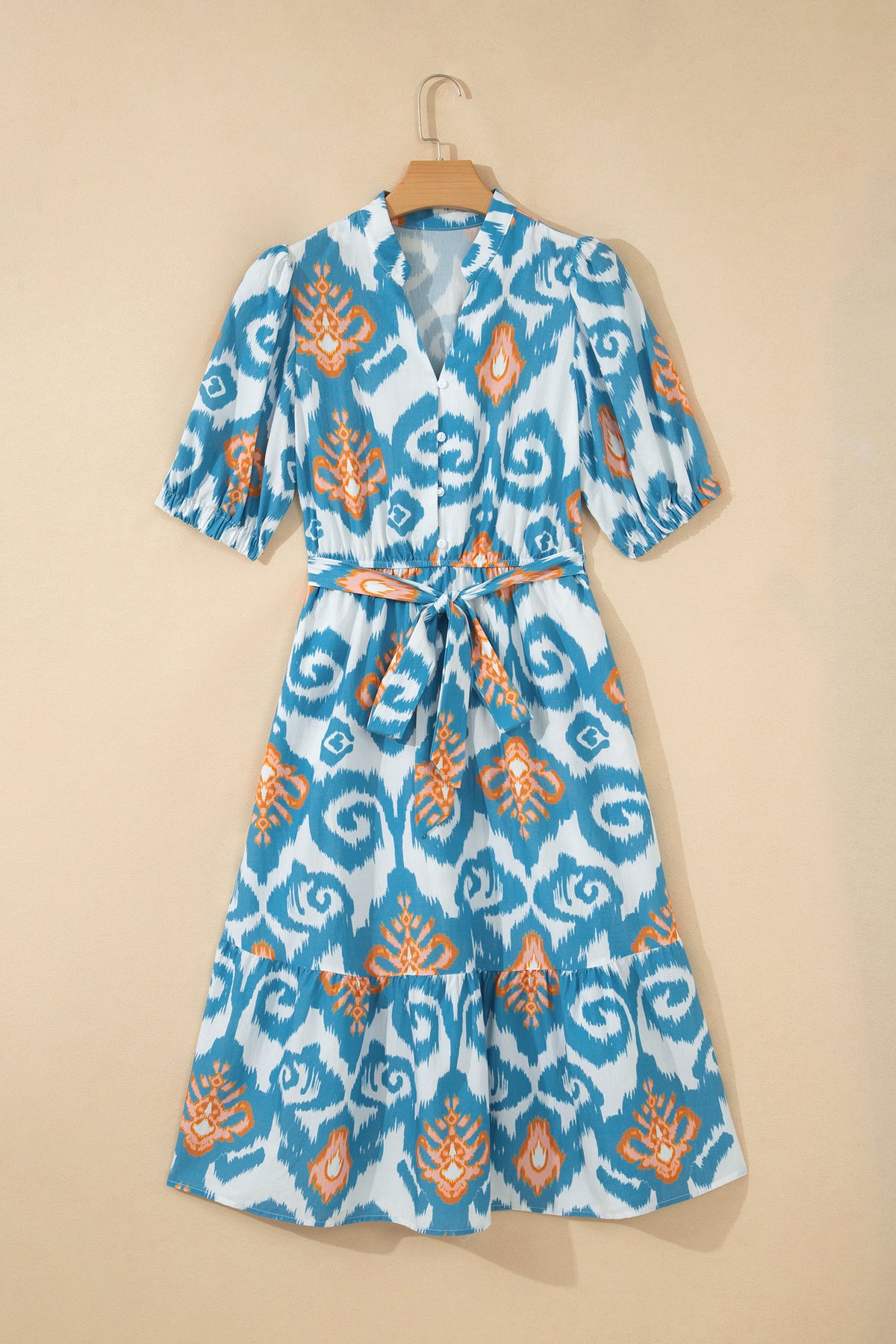 Sky Blue Boho Floral Print Short Puff Sleeve Ruffle Hem Midi Dress