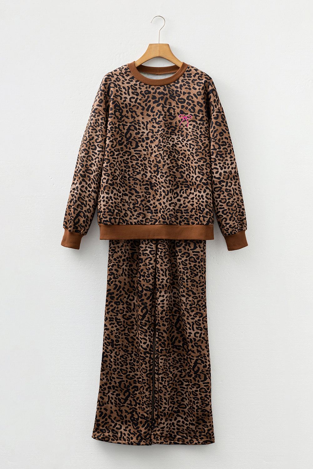 Women's Coffee Leopard Print Contrast Trim Long-Sleeve Top & Pants Set