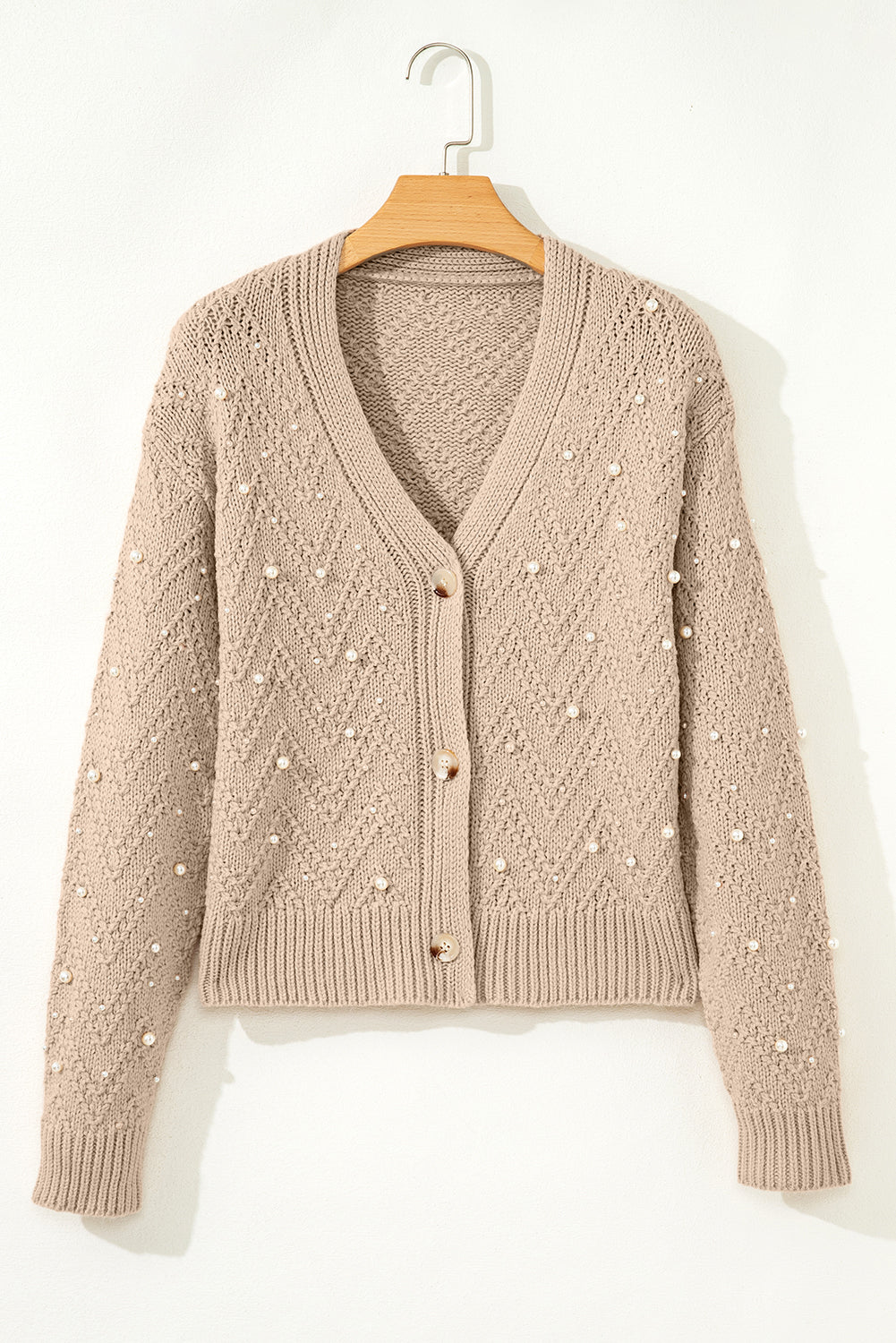 Smoke Gray Pearl Embellished Button Front V Neck Sweater Cardigan