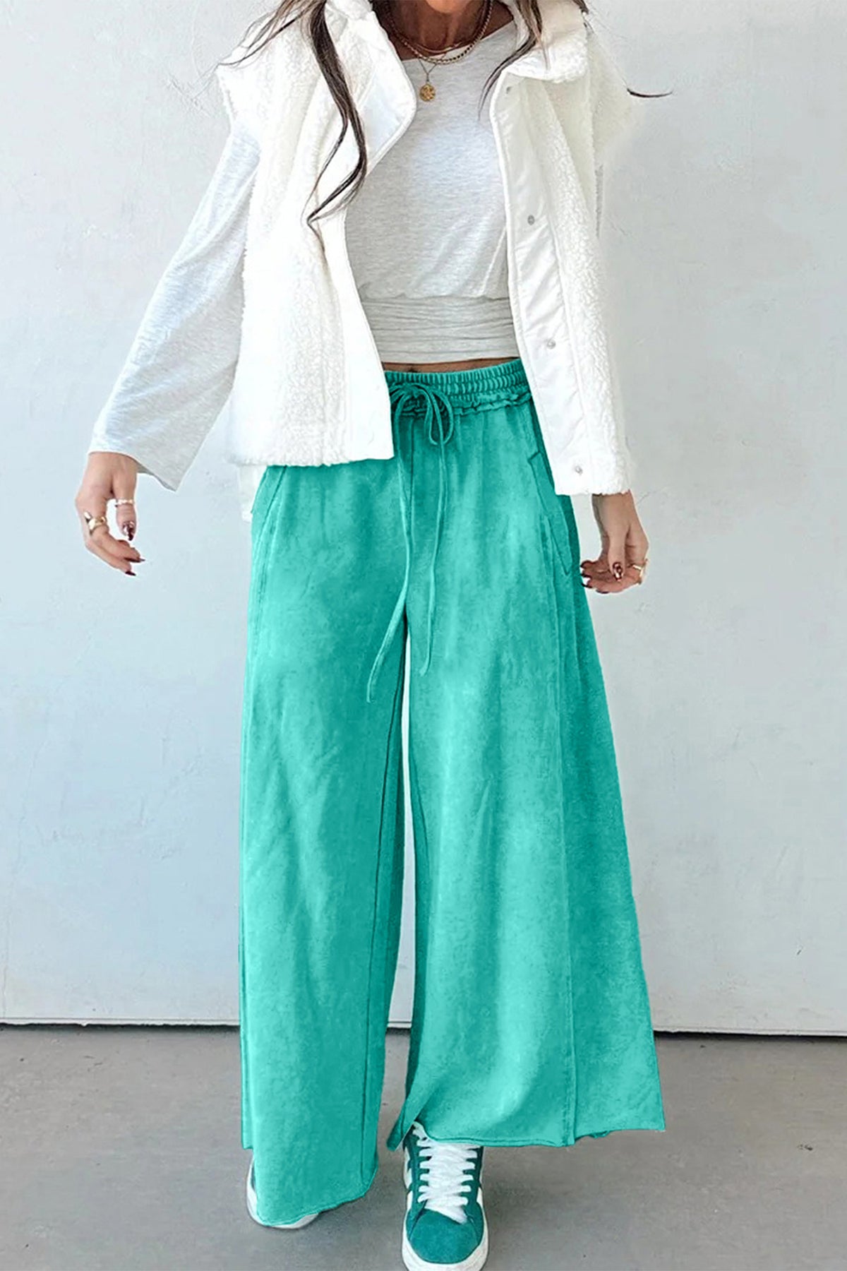 Sea Green Mineral Wash Drawstring Elastic Waist Raw Hem Loose Pants