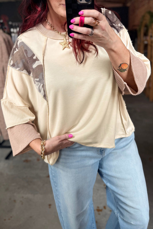 Beige Camouflage Colorblock Twist Rib 3/4 Sleeve Top