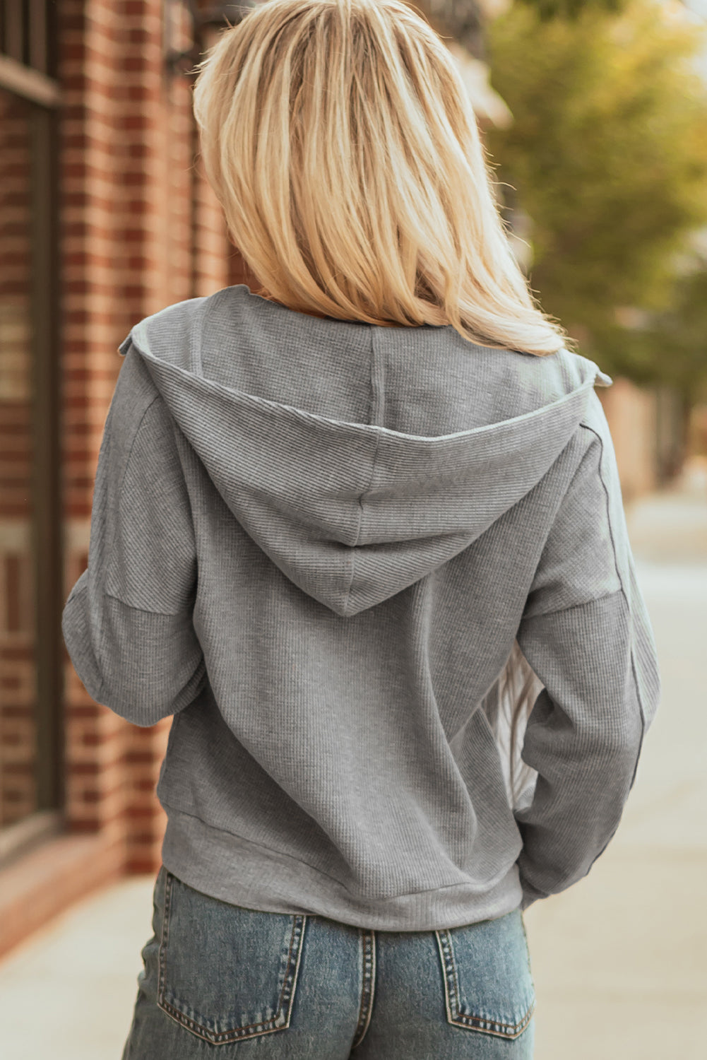 Gray Waffle Splicing Zip Up Front Button Hooded Jacket