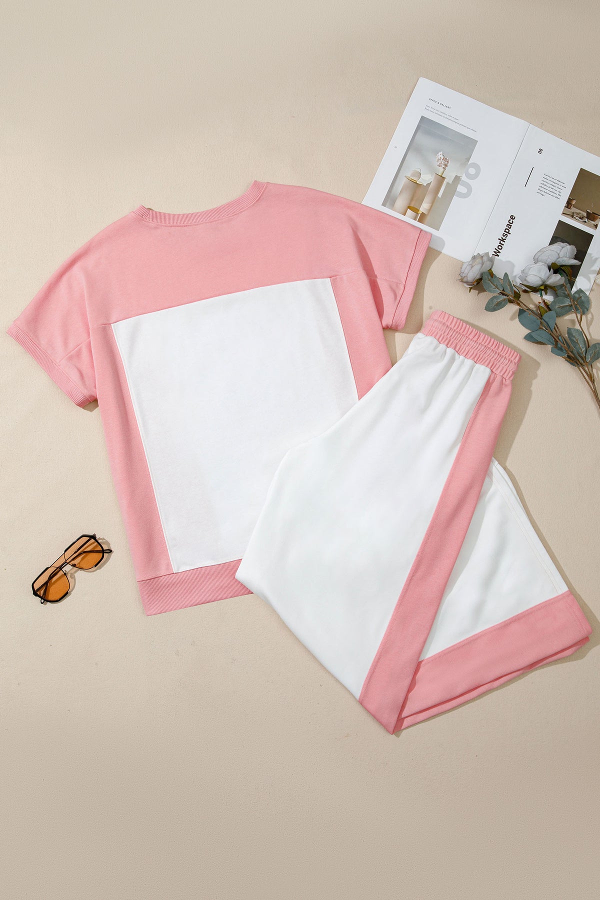 Women's White Two-tone Color Block Patchwork Tee Pants Two-Piece Set