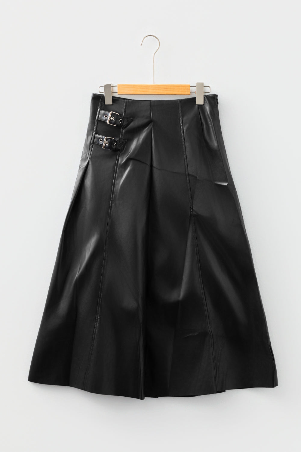 Black Faux Leather Retro Buckle Pleated Stitch Flared Midi Skirt