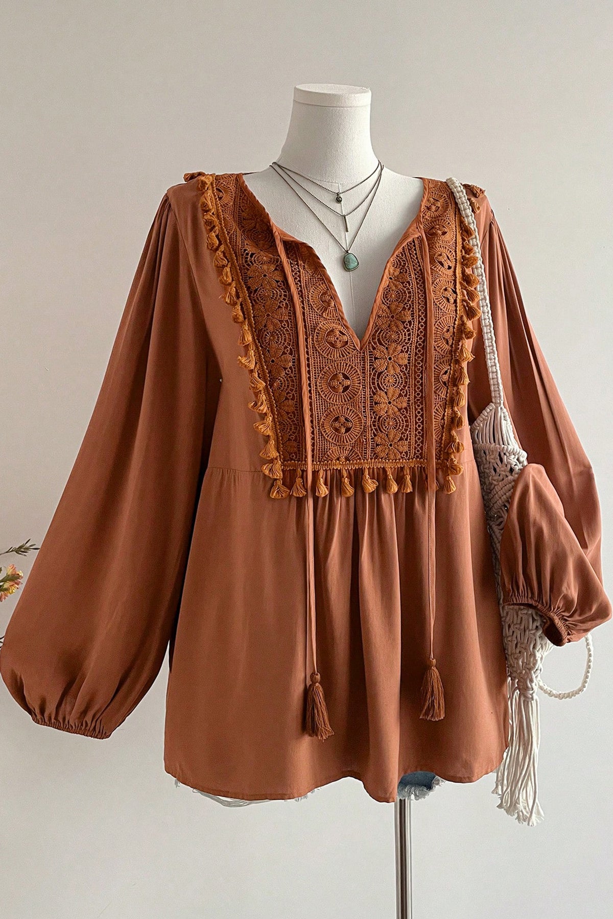 Chestnut Boho V-Neck Embroidered Tassel Long-Sleeve Plus Size Blouse
