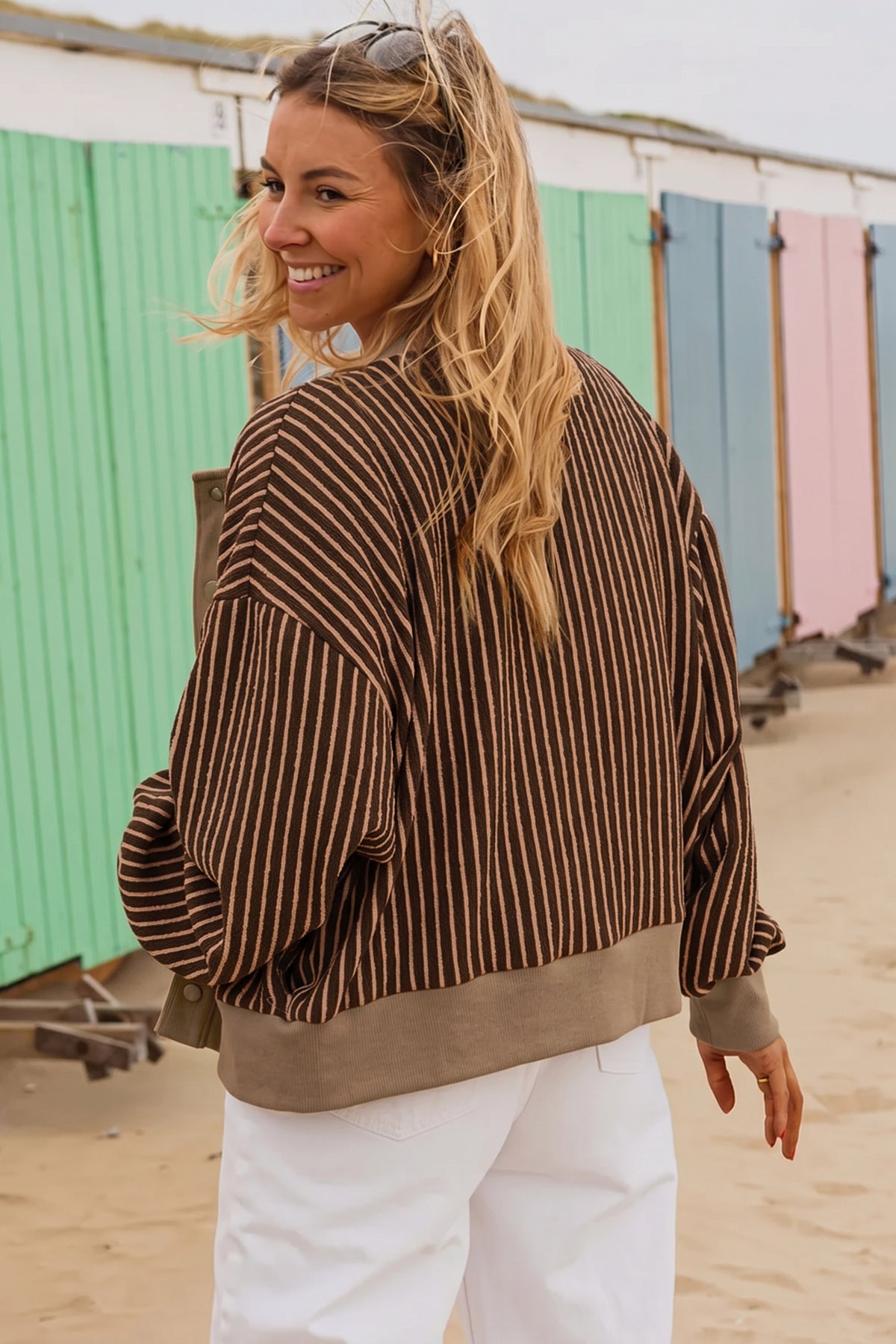 Green Stripe Striped V Neck Patchwork Long Sleeve Cardigan