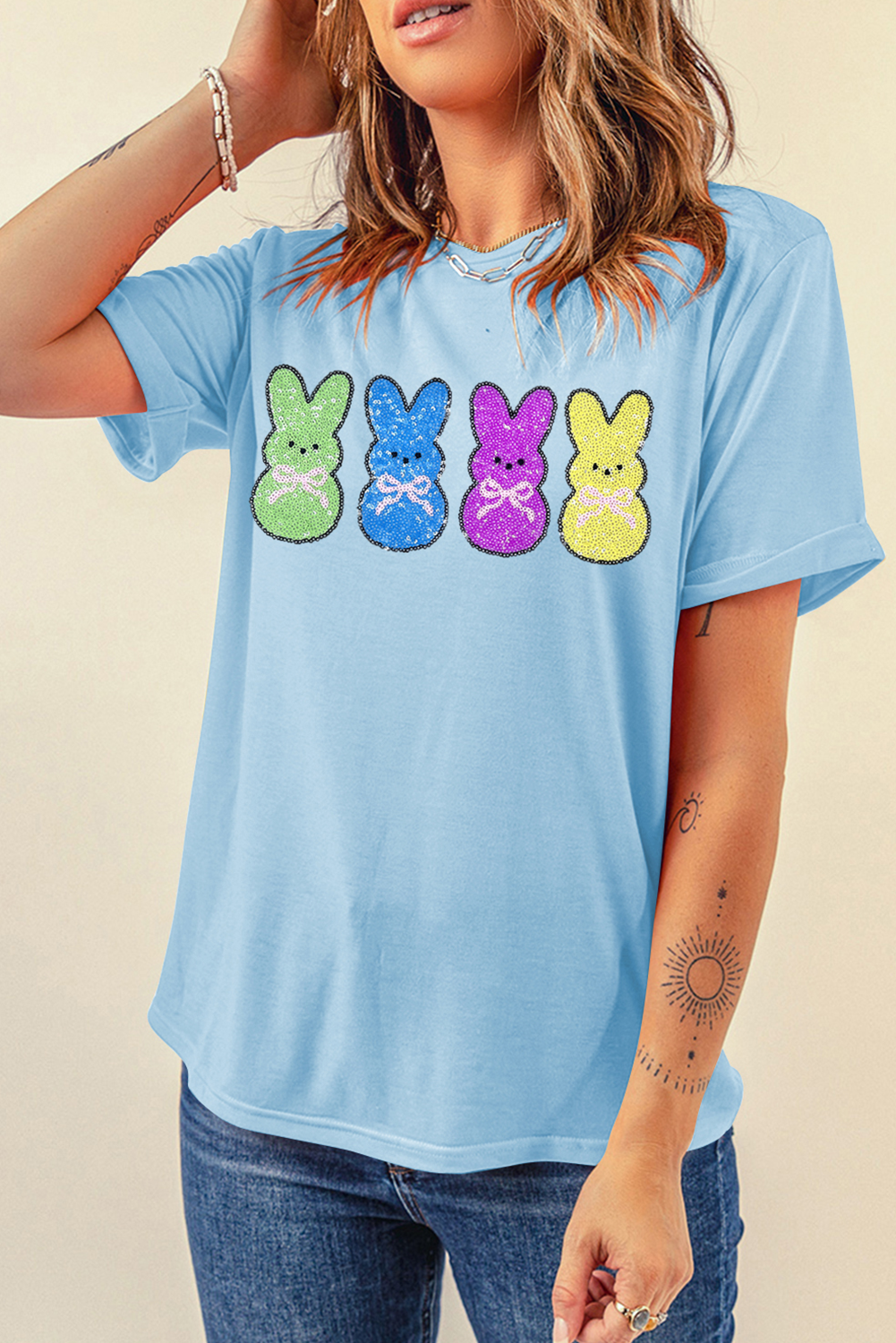 Light Blue Sequin Bunny Doll Graphic Casual T-Shirt