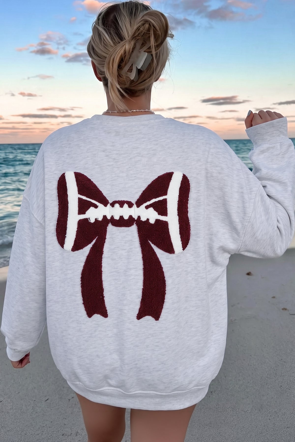 Gray Chenille Embroidered Rugby Bow Game Day Sweatshirt