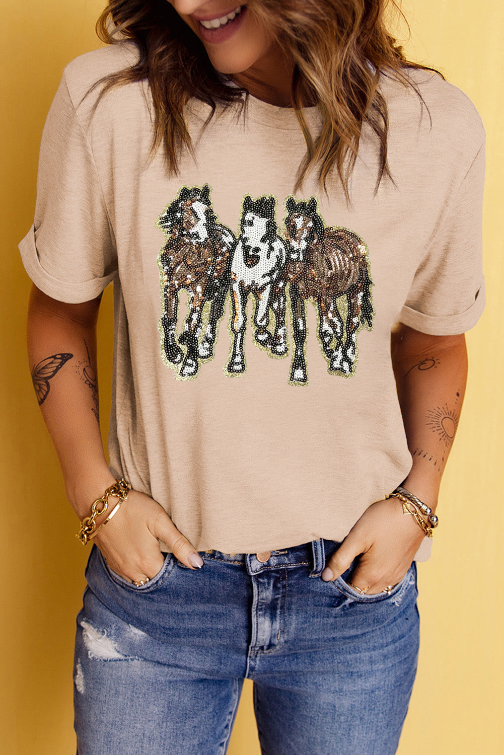 Khaki Sequin Horses Patched Casual Crewneck T-Shirt