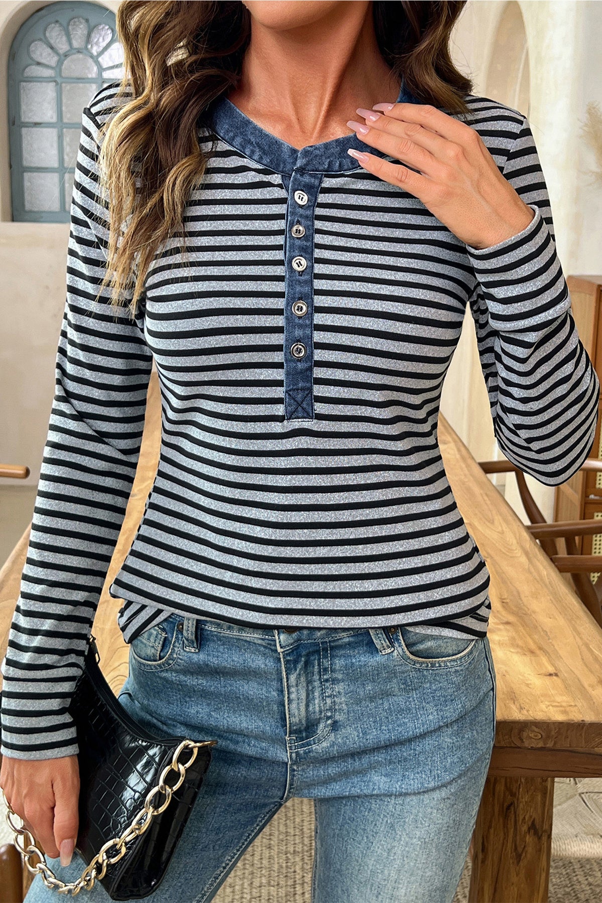 Gray Stripe Denim Contrast Collar Half Button Top