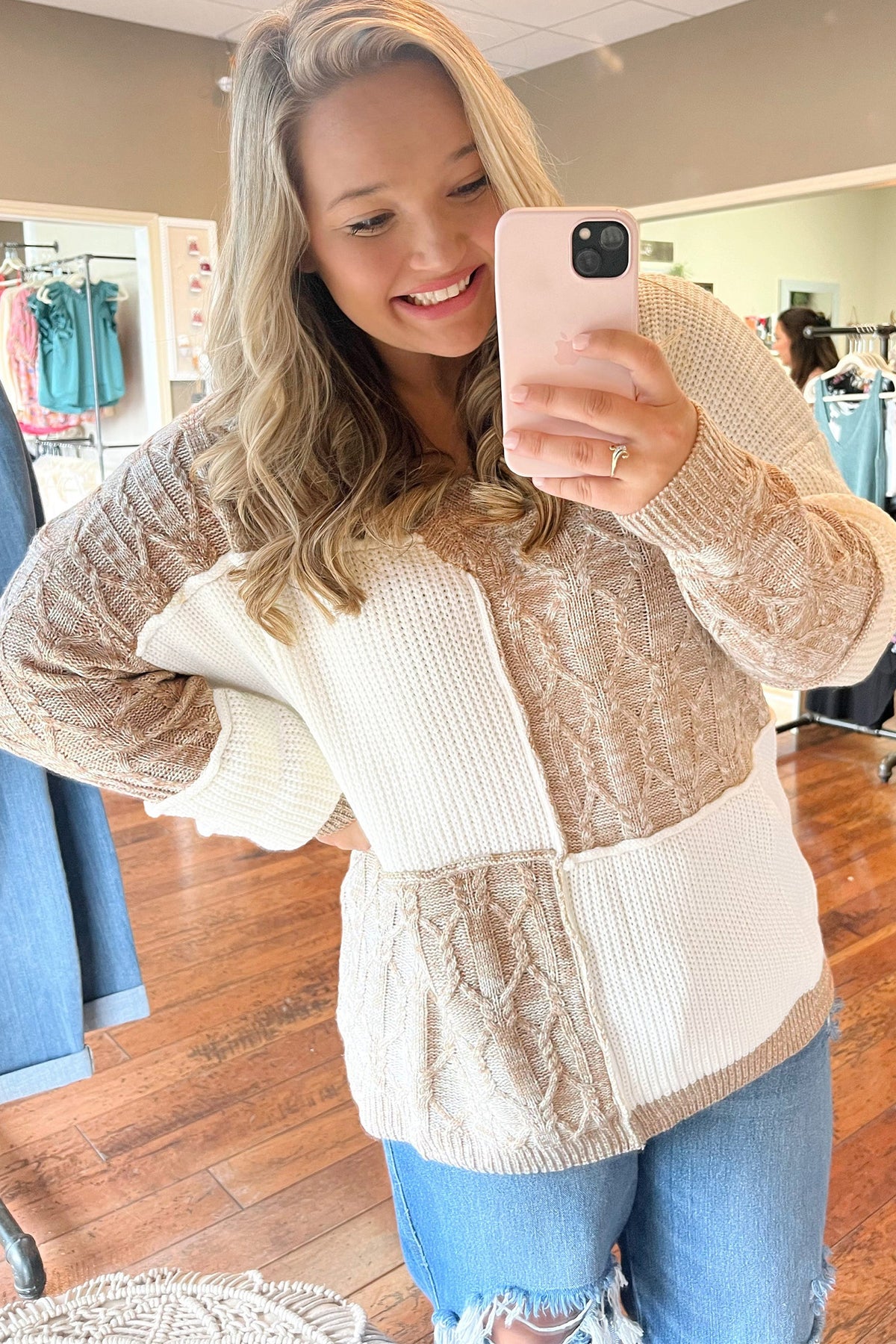 Parchment Color-Block V-Neck Long-Sleeve Tunic Loose Fit Plus Size Sweater
