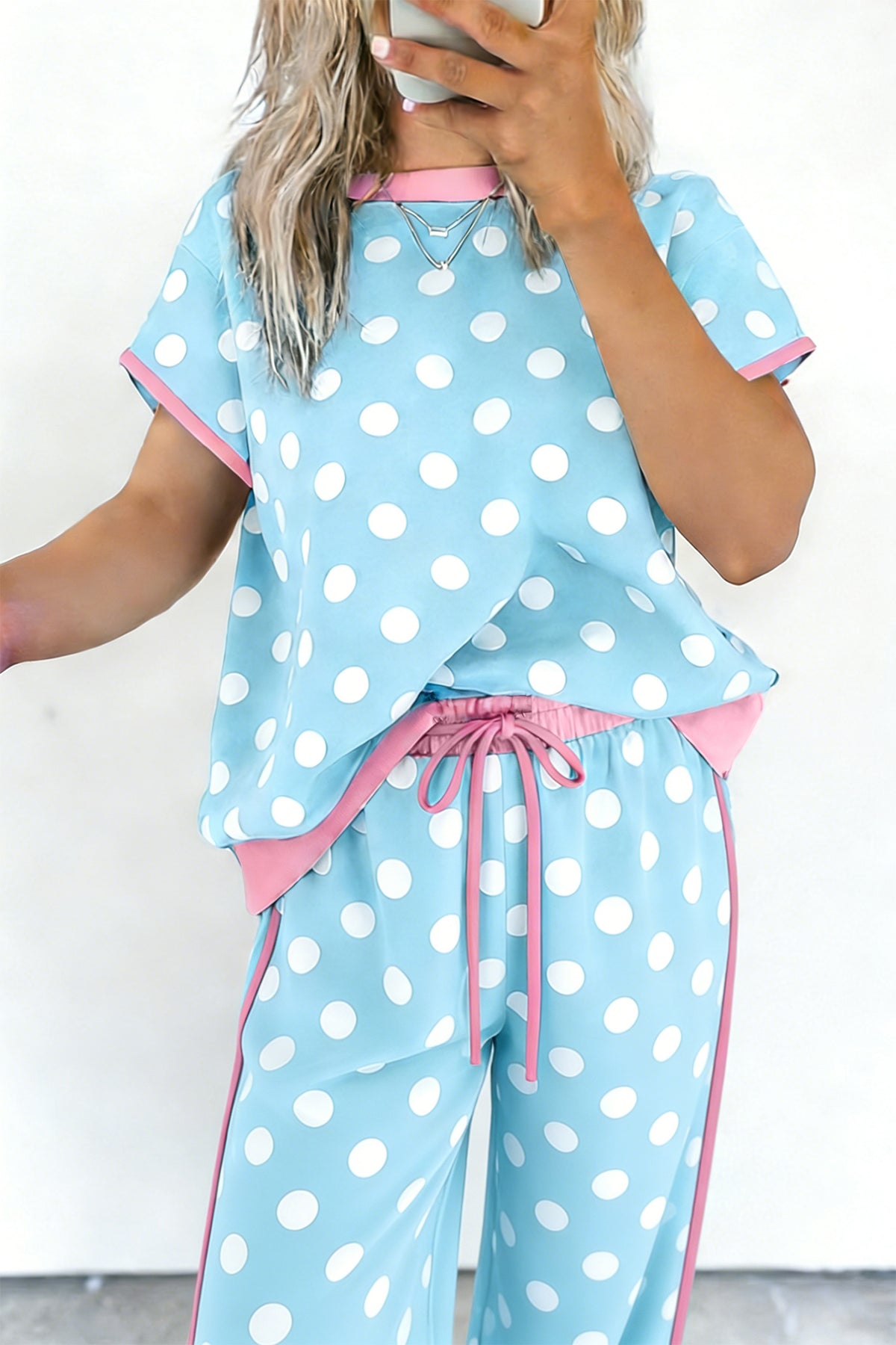 Women's Sky Blue Polka Dot Short-Sleeve Top & Pants Set