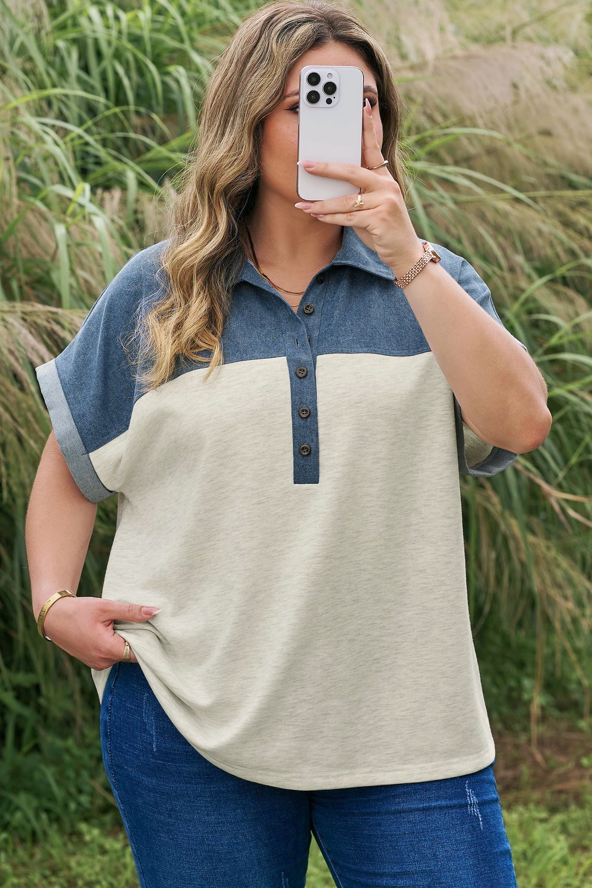 Light Grey Half Buttons Collared Denim Patchwork Plus Short-Sleeve Top