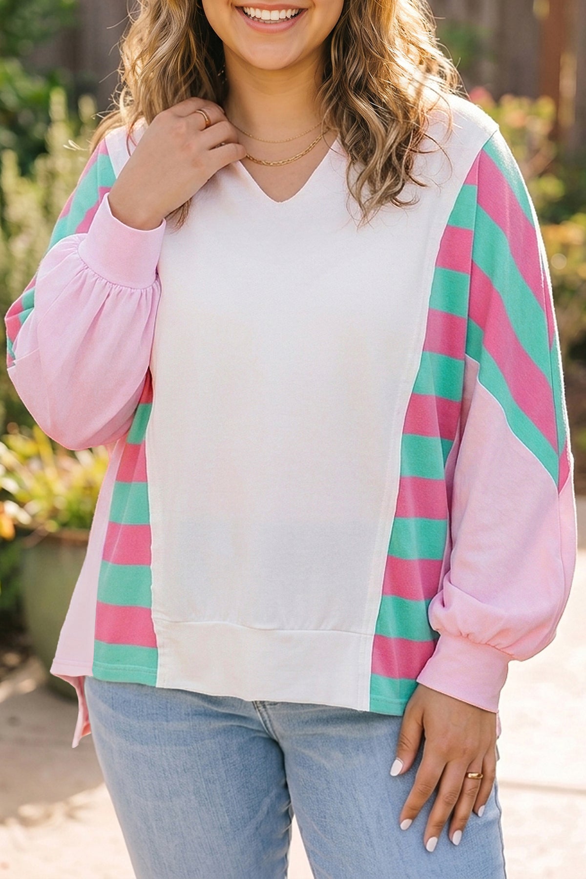 White Striped Color-Block V-Neck Shift Long-Sleeve Plus Size Blouse
