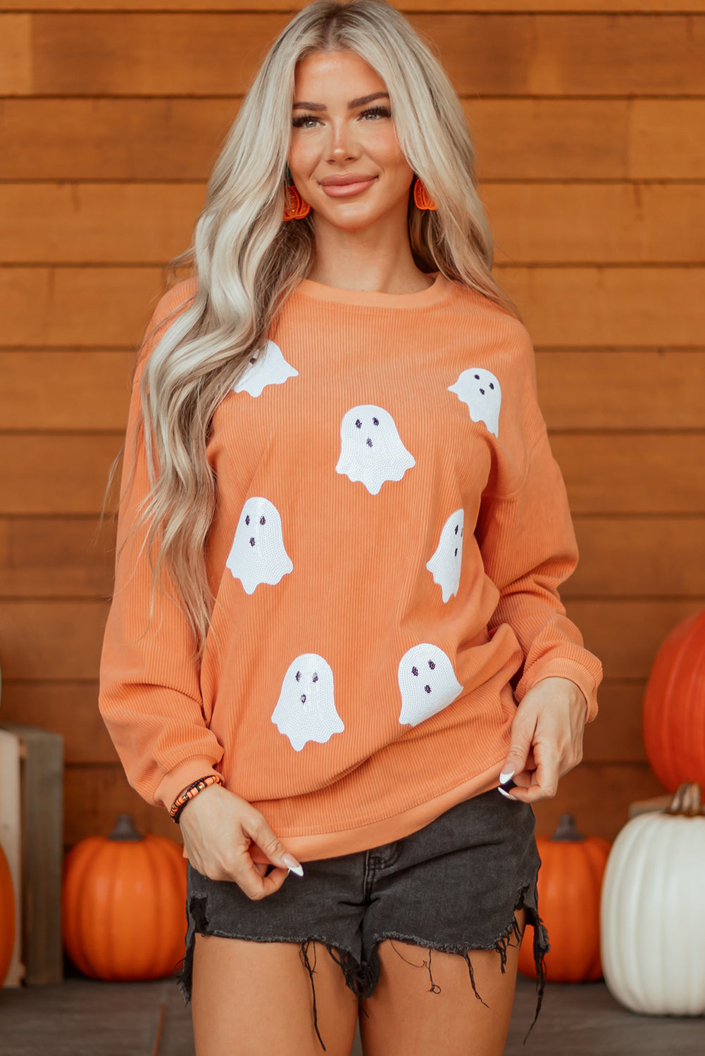 Orange Twisted Ribbed Texture Halloween Ghost Sequin Patched Sweatshirt