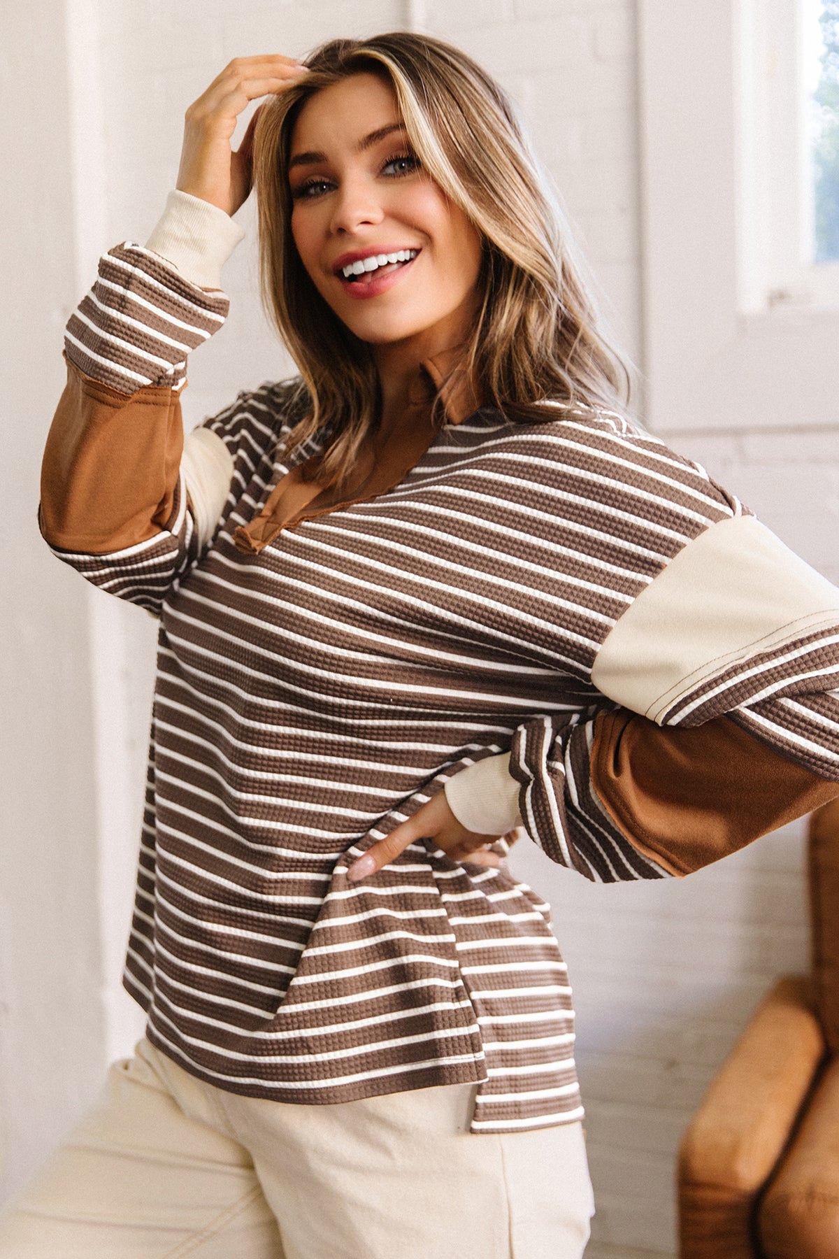 Brown Stripe Collar V Neck Color Block Pullover Top