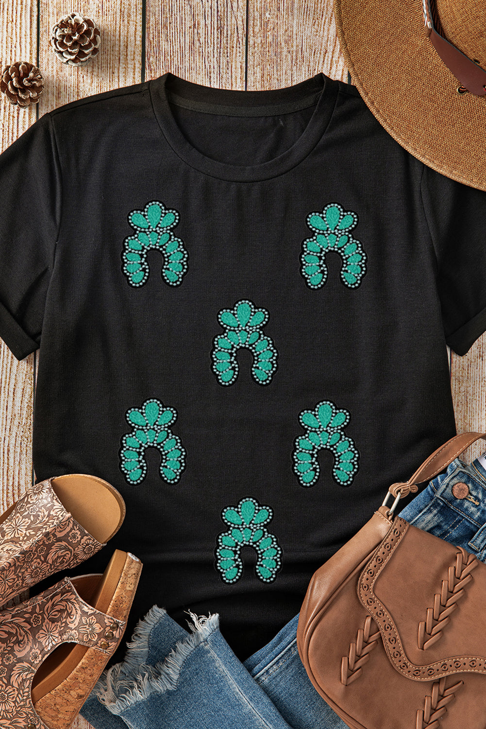 Black Western Turquoise Pattern Sequin Patched T-Shirt