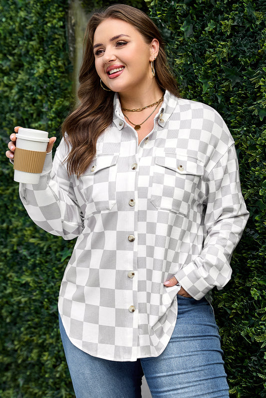 Khaki Plus Size Checkered Buttoned Down Western Jacket