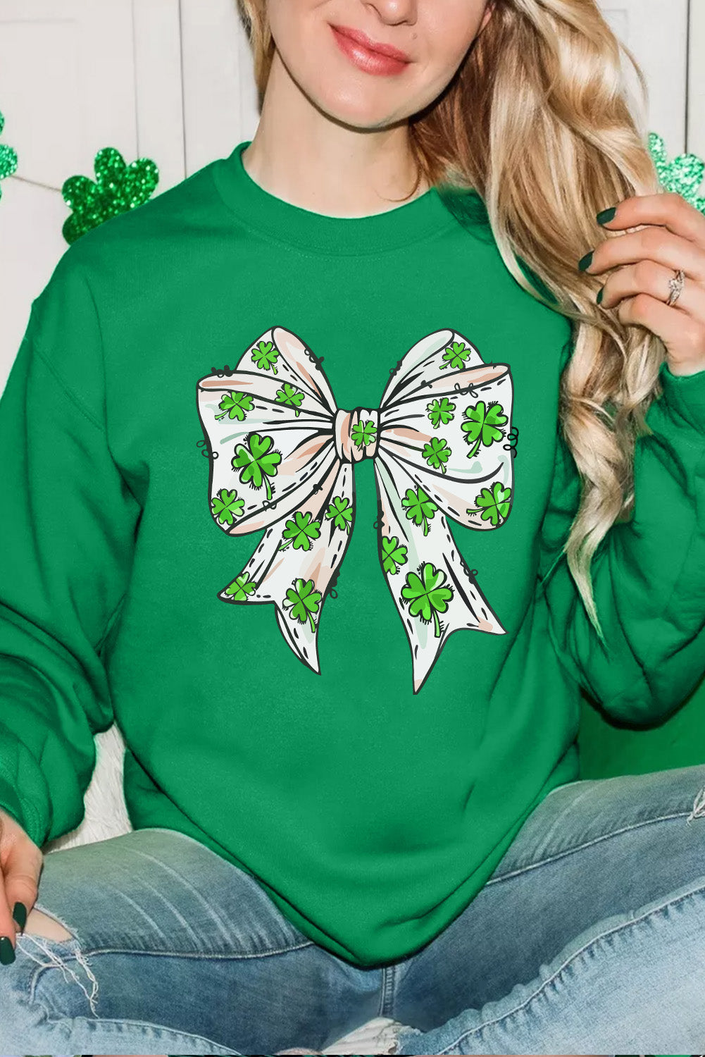 Dark Green St Patricks Clover Bow Printed Drop Shoulder Sweatshirt