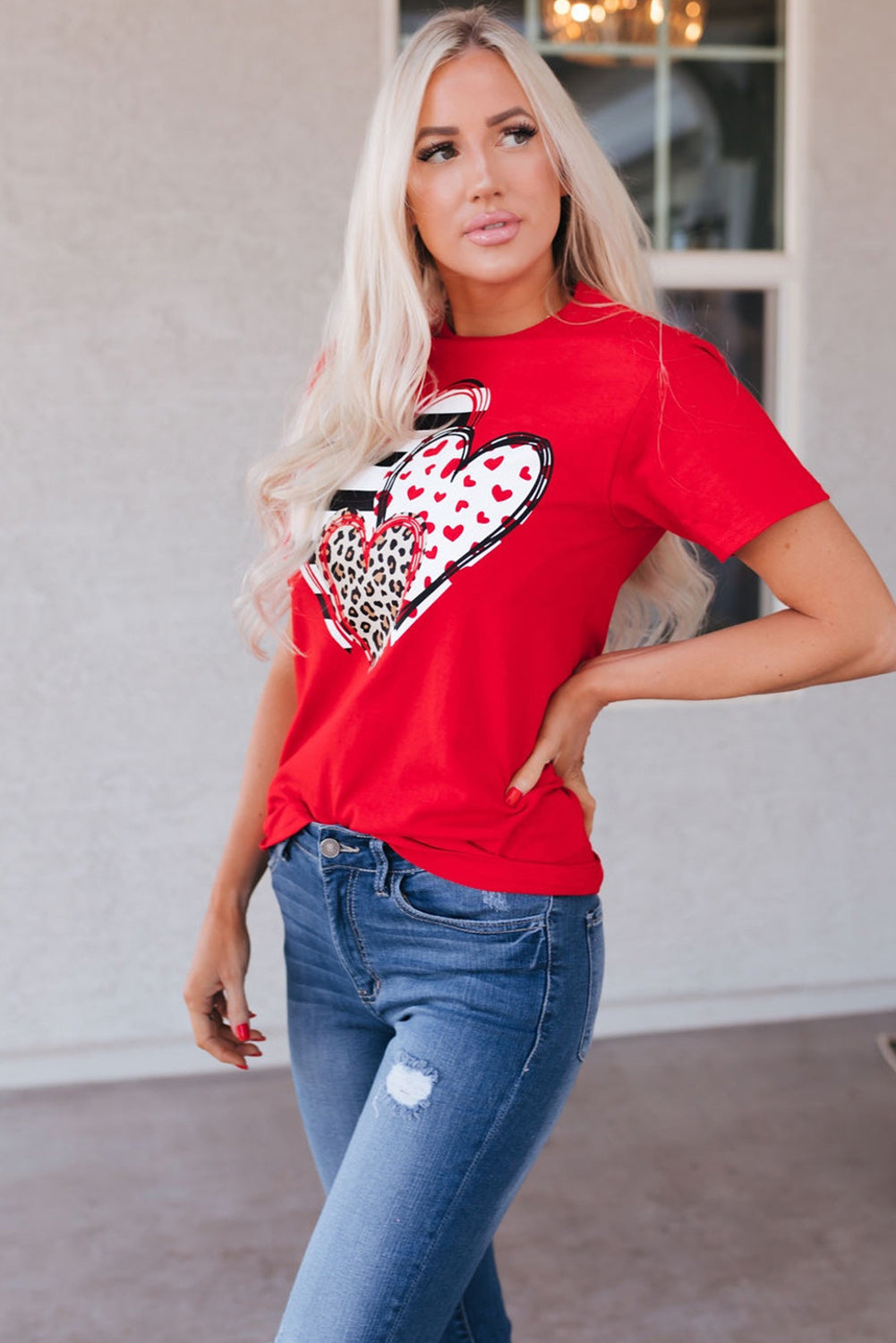 Red Leopard Striped Heart Shaped Print Crew Neck T-Shirt