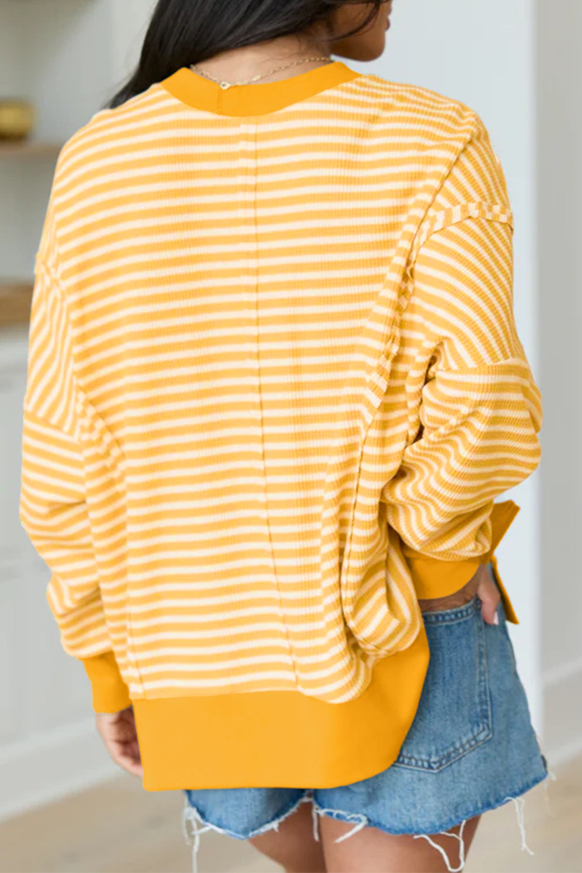 Pink Stripe Textured Knit Color Block Trim Top