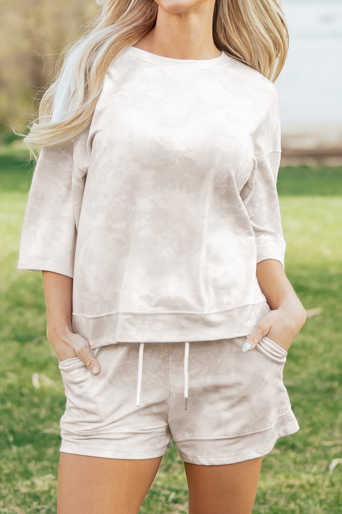 Women's Beige Vintage Tie Dye Bracelet Sleeve Two-Piece Shorts Two-Piece Set
