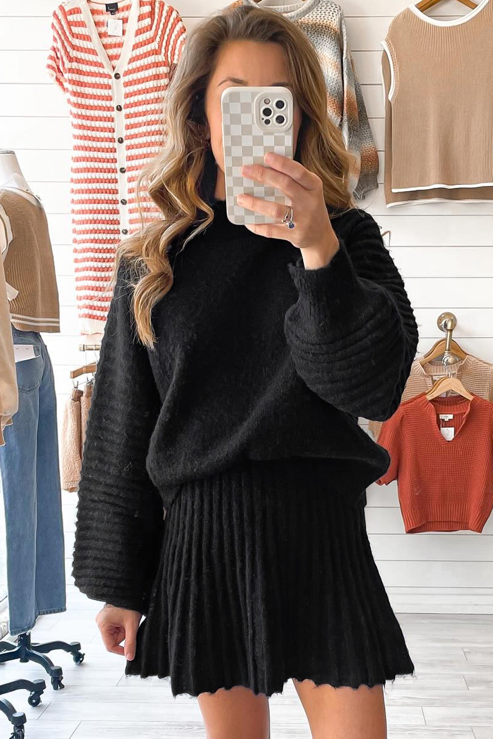 Women's Black High-Neck Puff Sleeve Sweater Pleated Mini Skirt Two-Piece Knitted Outfit