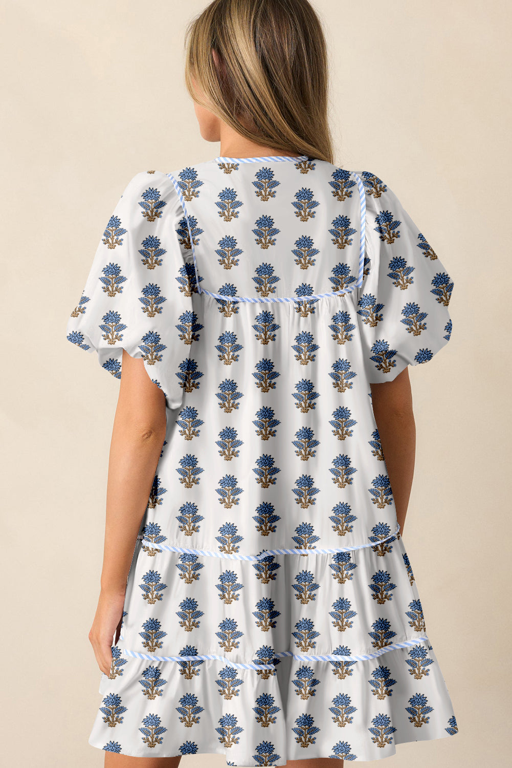 Sky Blue Floral Puff Sleeve Tied Neck Pocketed Mini Dress