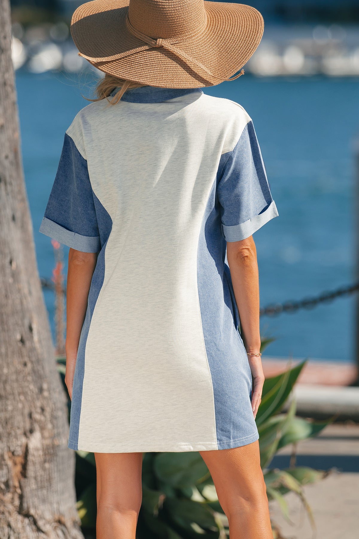 Light Grey Denim Color Block Patchwork Button T-Shirt Tunic Dress