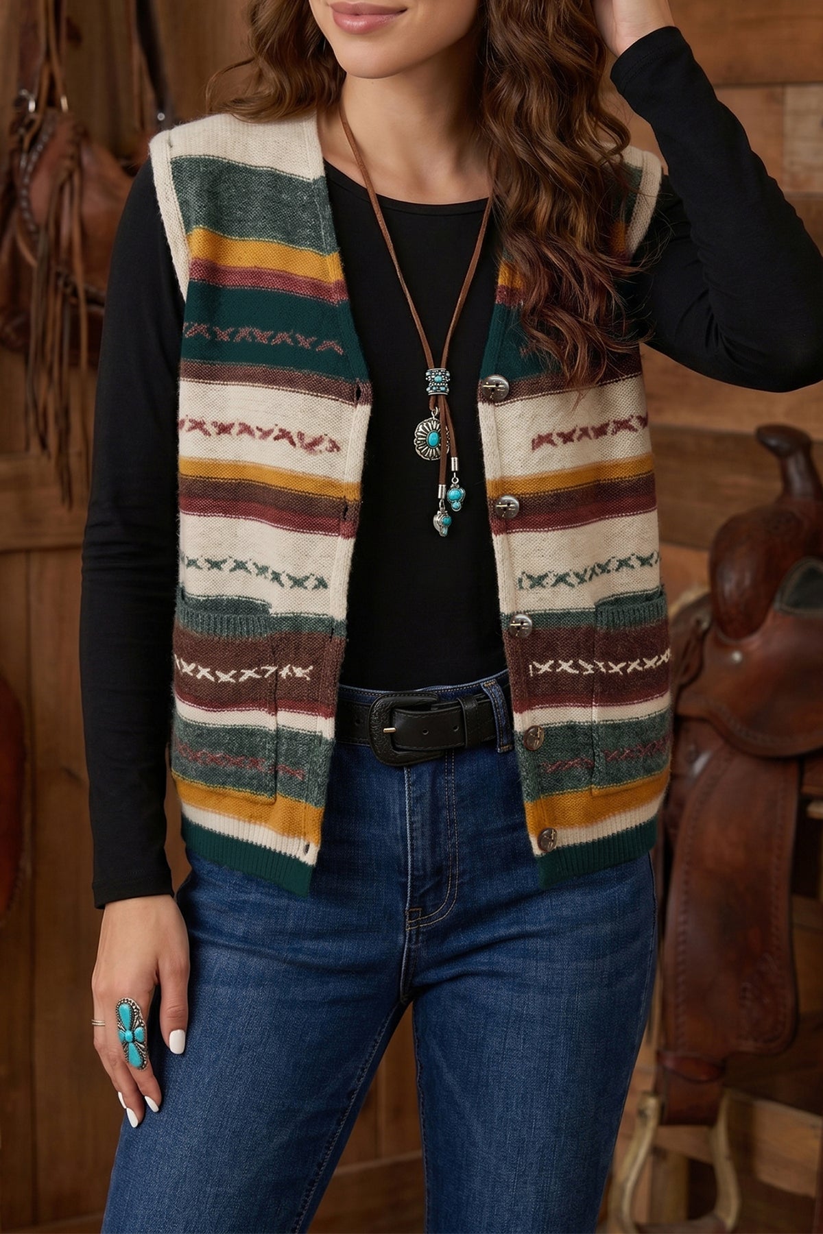 Multicolour Striped Button Front Sleeveless Knit Sweater Vest