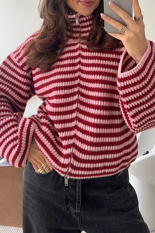 Red Stripe Striped High Neck Zip-up Sweater Long Sleeve Fit Drop Shoulder Open Front Cardigan