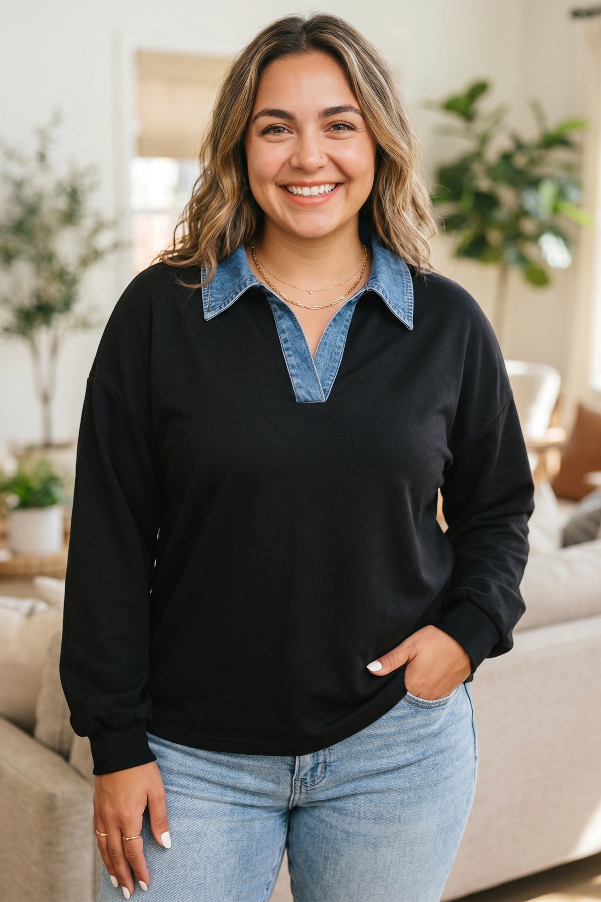 Black Solid V-Neck Tunic Shift Long-Sleeve Plus Size Blouse