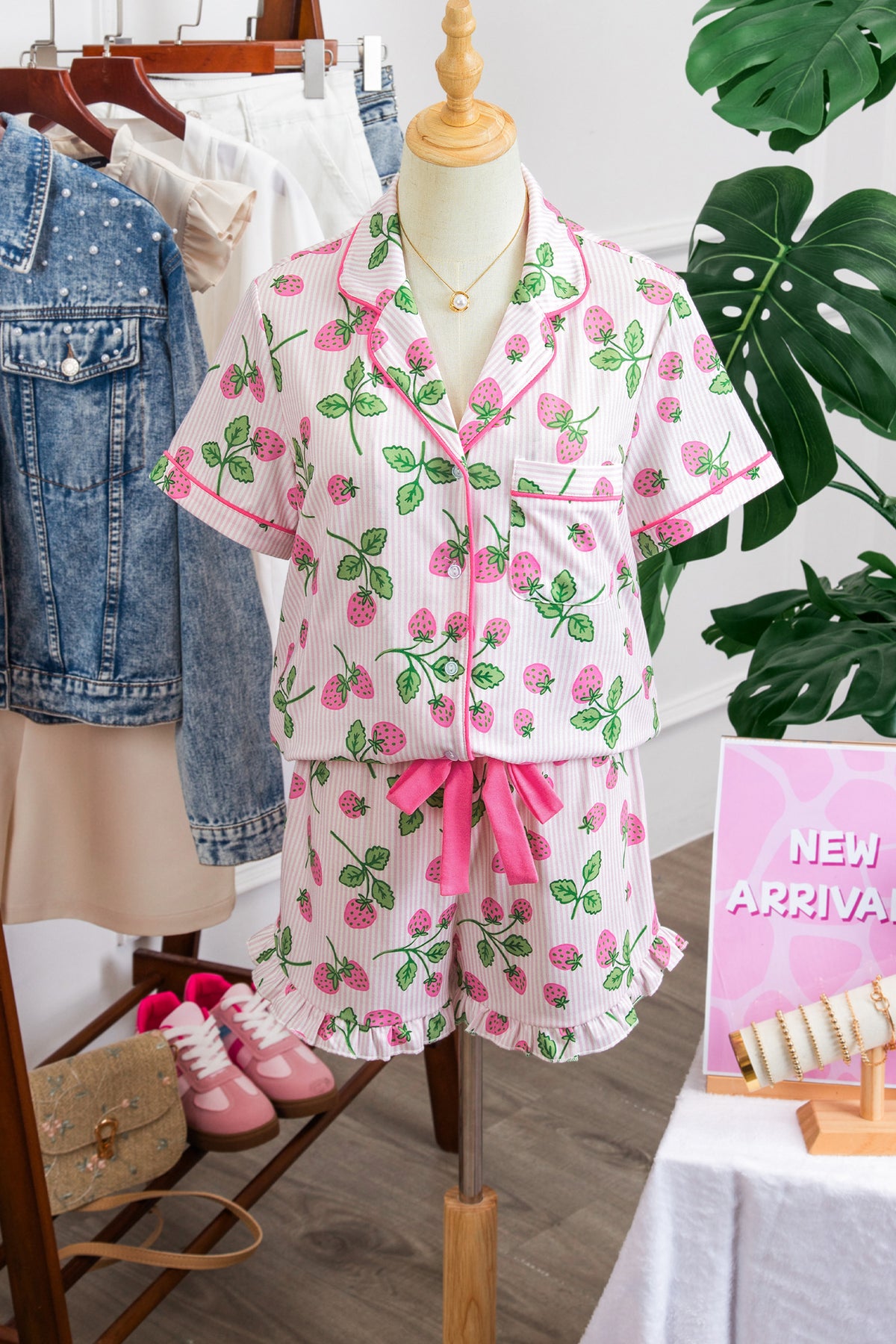 Pink Striped Strawberry Print Lapel Shirt and Shorts Pajama Set