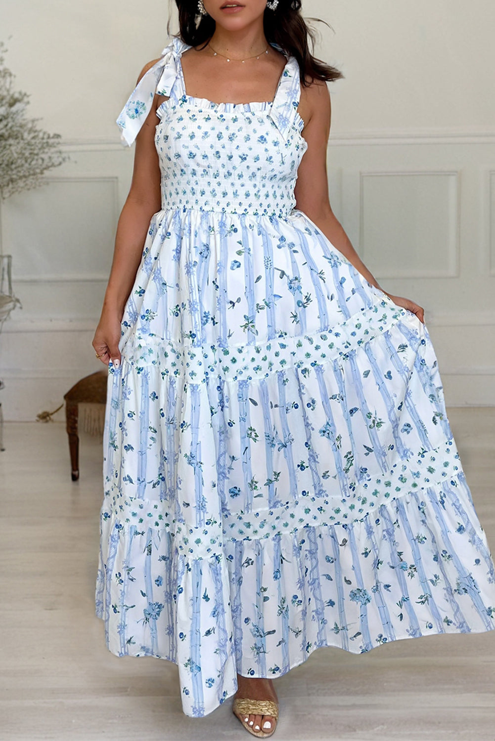 Sky Blue Floral Smocked Tied Straps a Lined Tiered Maxi Dress
