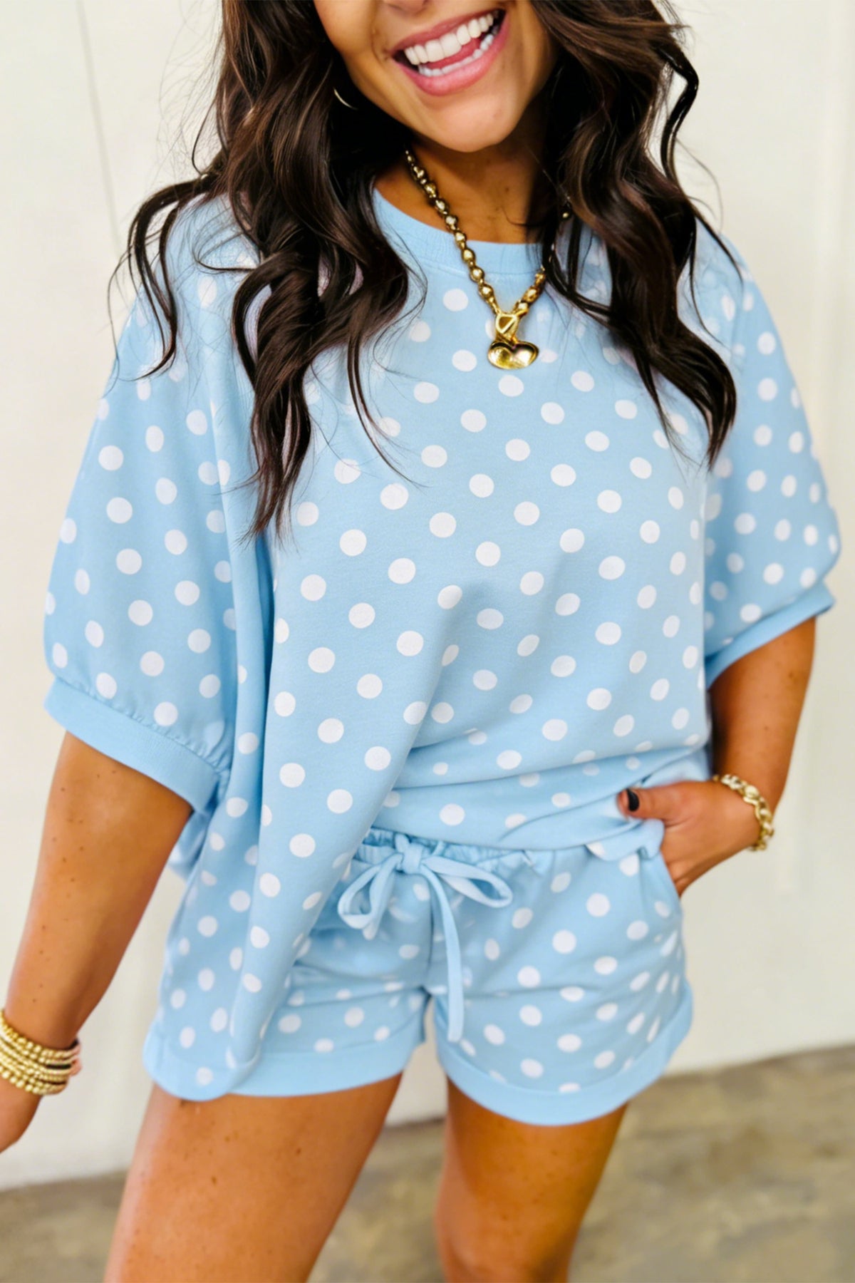 Women's Green Polka Dot Oversized Top Drawstring Shorts Set
